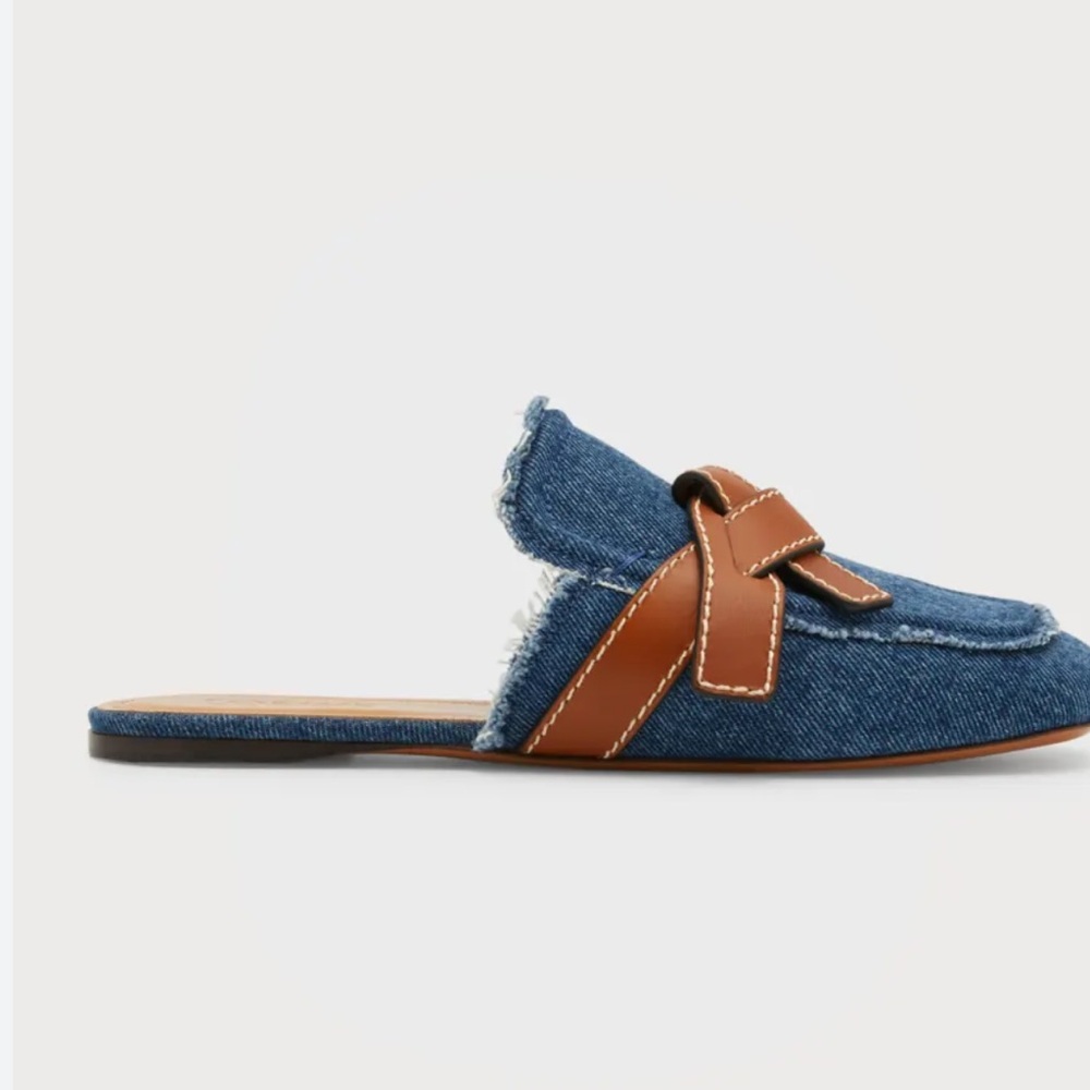 LOEWE  Washed Denim Calfskin Gate Mule Sandals 39 Blue Tan